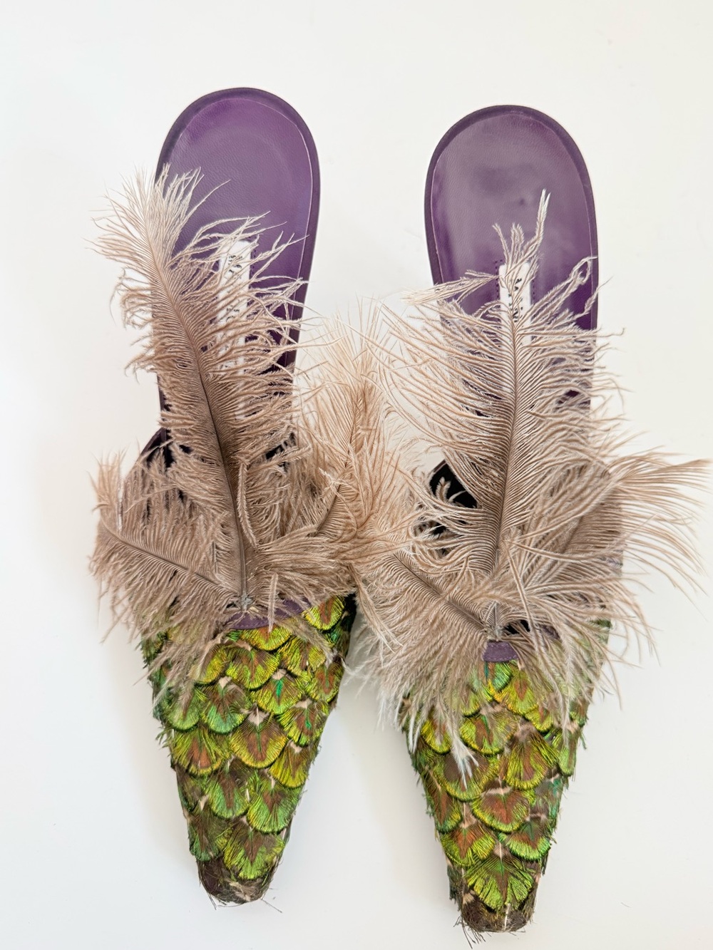 Manolo Blahnik AW97 Rare Peacock Feather Mule Heels Purple Archival 37.5